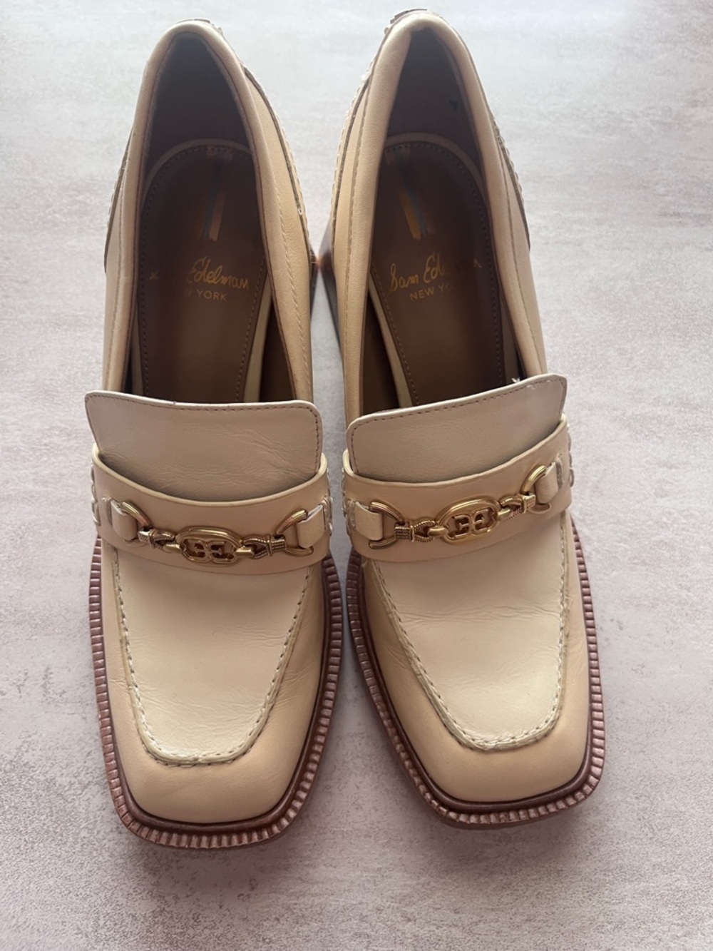 Sam Edelman Women's Cream Leather Chain-Trim Loafers Block Heel
